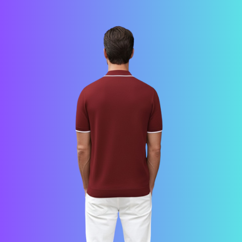 Men's Deep Maroon Zip-Up Polo with White Trim