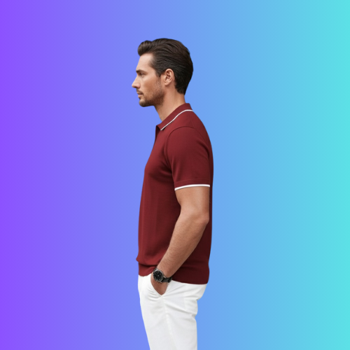 Men's Deep Maroon Zip-Up Polo with White Trim