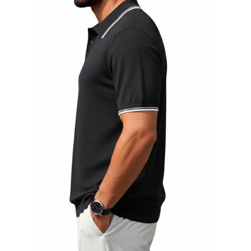 Men’s Black Polo Shirt | White Line Collar & Sleeves | Casual Half Sleeve