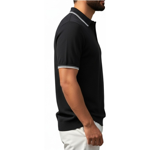 Men’s Black Polo Shirt | White Line Collar & Sleeves | Casual Half Sleeve